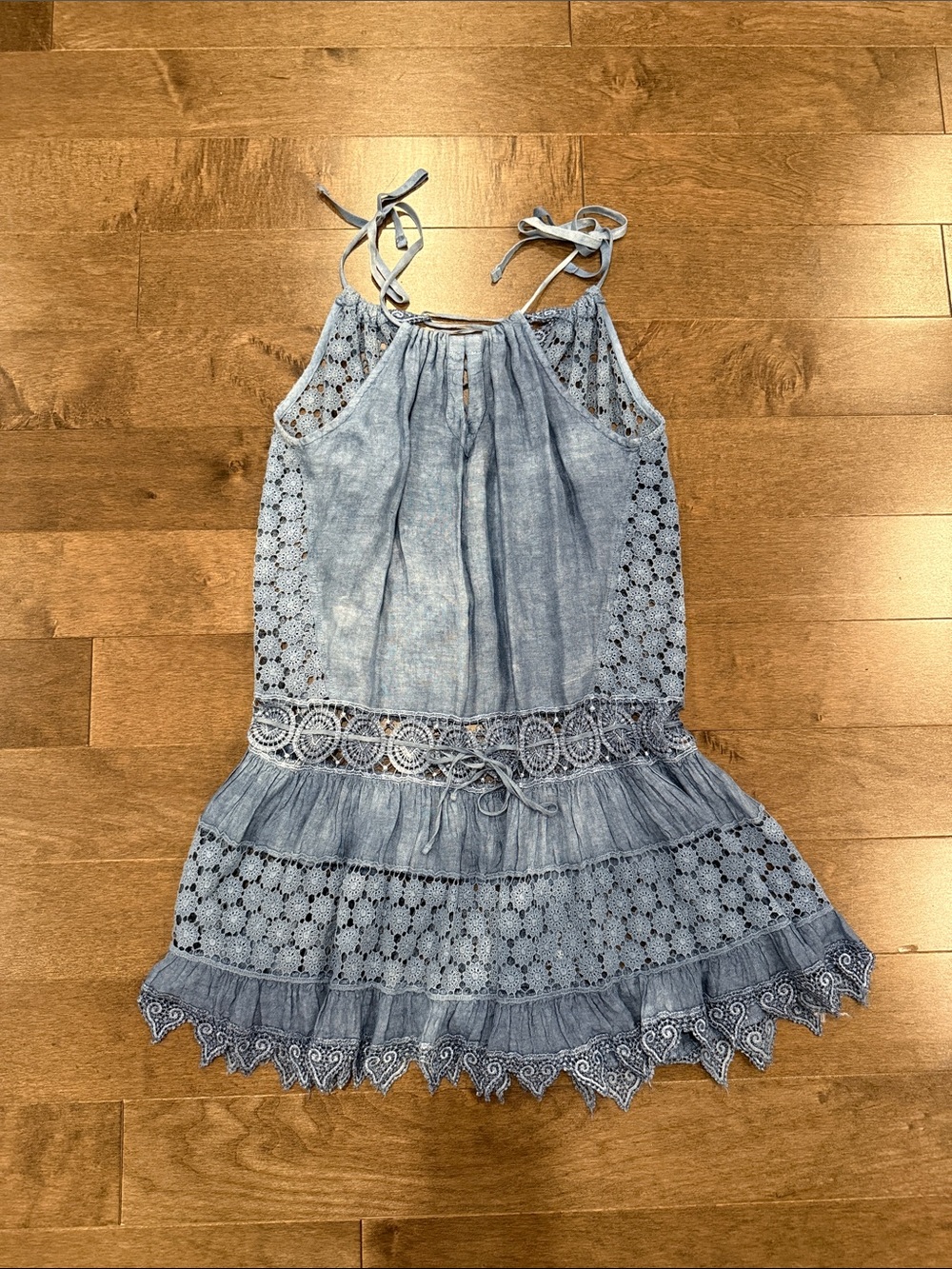 Light Blue (denim wash look) Eyelet Adjustable Tie-Shoulder Swim Coverup Dress